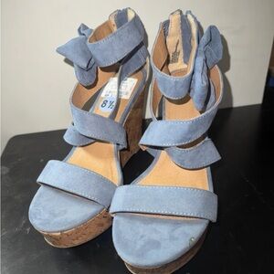 Report Blue Suede Cork Wedge Sandals with Ankle Bow